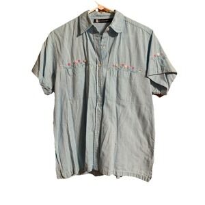 VTG Citi Craze Top Womens L Blue White Check Garden Flowers Country Farm Grandma